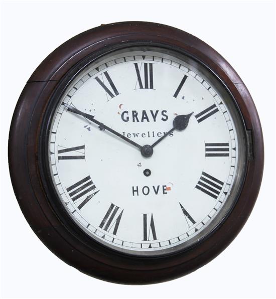 A 19th century mahogany wall clock with painted Roman dial inscribed Grays Jewellers, Hove, dial 11.25in.